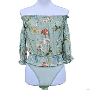 ASTR Size XS Off Shoulder Lucy Bodysuit Sage Green Floral Smocked Ruffle Crop